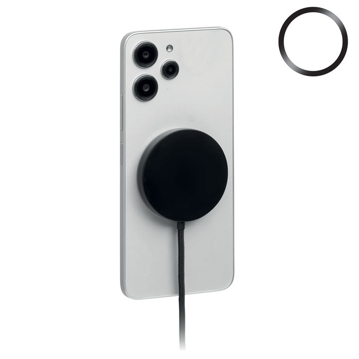 Cargador inalámbrico 25W magnético conectado a un teléfono móvil con anillo metálico incluido.