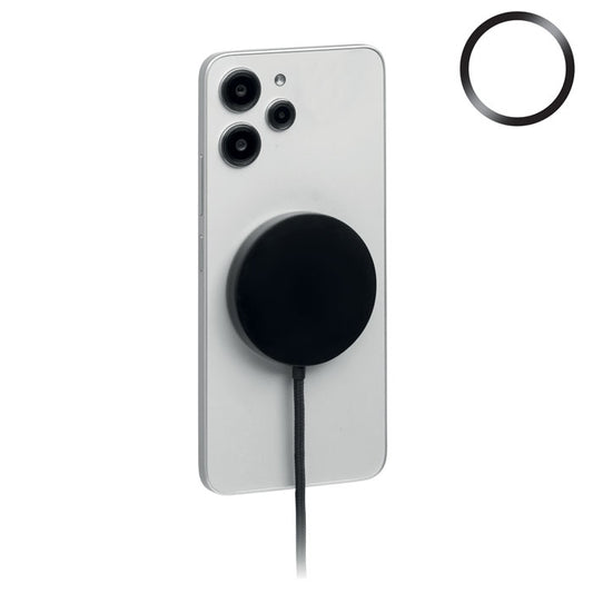Cargador inalámbrico 25W magnético conectado a un teléfono móvil con anillo metálico incluido.