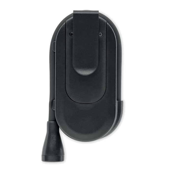 Luz de lectura recargable LED con clip y cuerpo flexible, vista desde atrás.