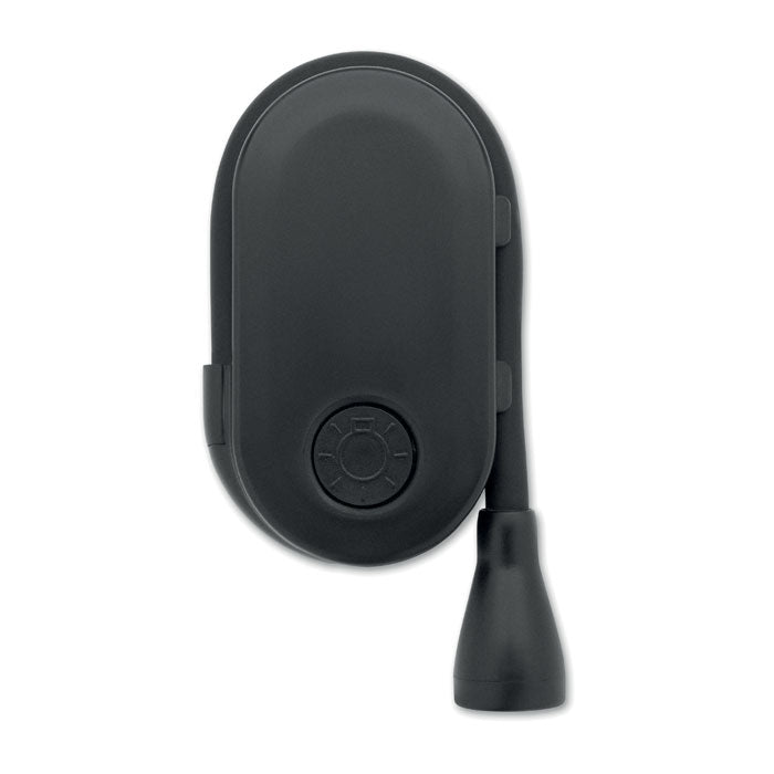 Luz de lectura recargable LED en color negro, con cuerpo flexible y botón de encendido.