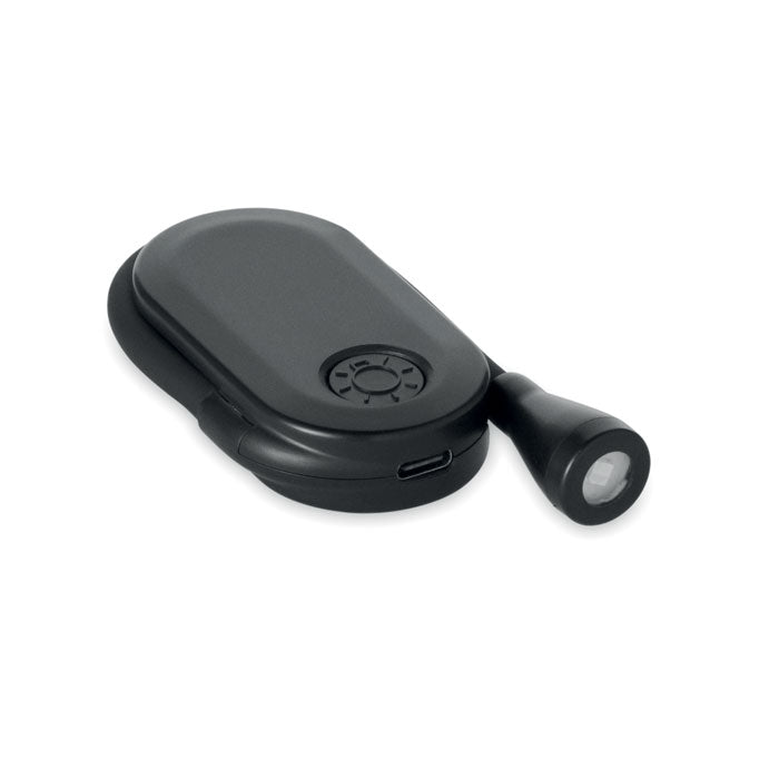Luz de lectura recargable LED con cuerpo flexible y clip, diseño compacto y cargador USB.