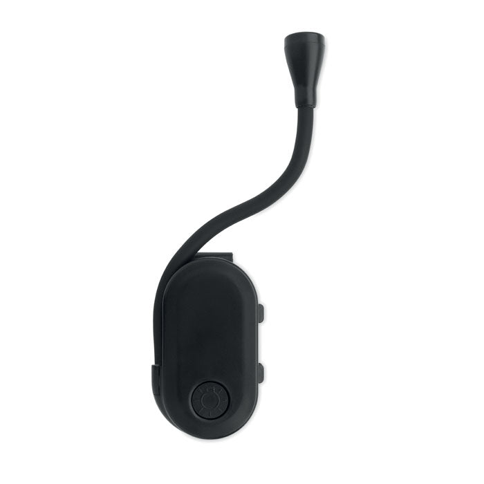 Luz de lectura recargable LED con cuerpo flexible y clip, diseño compacto y recargable.