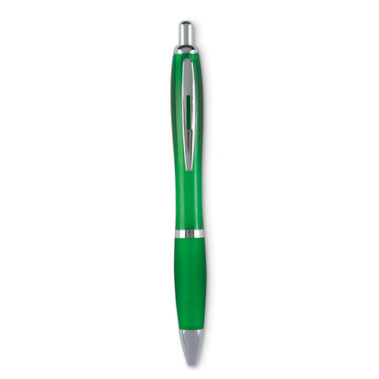 Bolígrafo de plástico verde con puntera blanda translúcida y punta, clip y pulsador cromado