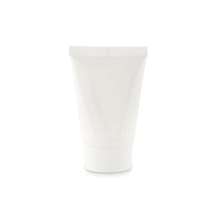 Envase de protector solar de 45 ml con tapa blanca y cuerpo transparente.