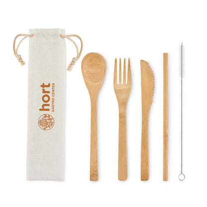 Cubiertos de madera, pajita reutilizable y bolsita de algodón personalizada con logotipo