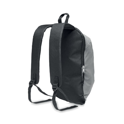 Parte trasera de mochila reflectante con un bolsillo acolchado y asas ajustables
