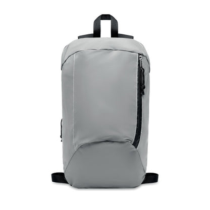 Mochila con frontal de poliéster gris altamente reflectante, con bolsillo exterior con cremallera