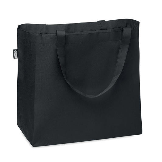FAMA - Bolsa de compra de 600D RPET con asas largas en color negro, ideal para compras sostenibles y promociones ecológicas.