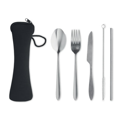 Set de cubiertos de acero inoxidable con tenedor, cuchillo y cuchar y pajita y limpiador