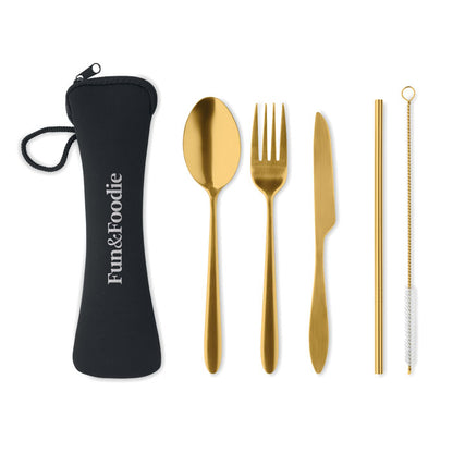 Set de cubiertos dorados personalizado con logotipo en funda de transporte