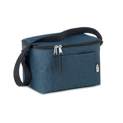 Bolsa nevera azul con cierre cremallera y bolsillo exterior con asa bandolera