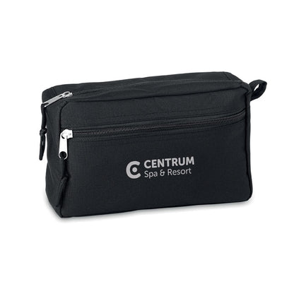 Neceser de poliéster negro con doble cremallera personalizado con logotipo