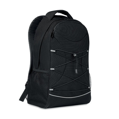 Mochila  negra de RPET con  cordón decorativo en la parte frontal y bolsillos de malla en ambos lados.