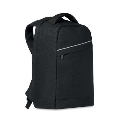 Mochila negra para portátil con bolsillo exterior con cremallera protegida y franja gris decorativa sobre el bolsillo