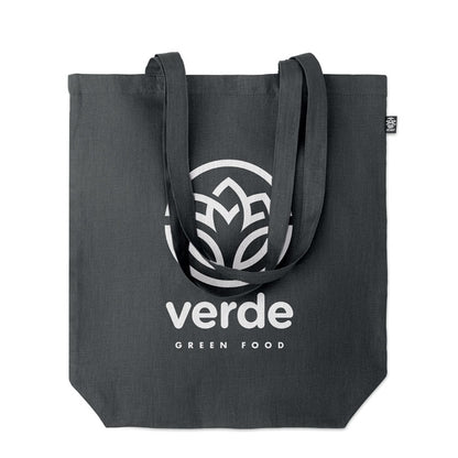Bolsa negra de asas largas personalizada con un logotipo de gran tamaño de color blanco