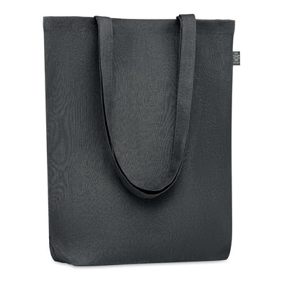Bolsa de compras de tela de cáñamo con asas largas con fuelle inferior color negro