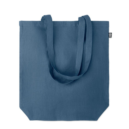 Totebag azul de tejido de cáñamo con fuelle inferior y asas largas