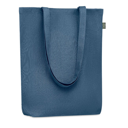 Bolsa de compras de tela de cáñamo con asas largas con fuelle inferior color azul