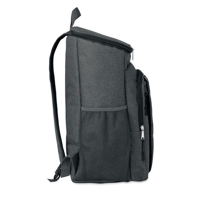 Vista lateral de nevera mochila grande negra jaspeada con bolsillo lateral