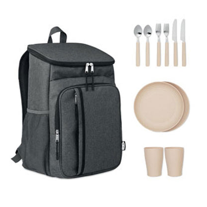 Mochila nevera negra jaspeada para picnic con accesorios de mesa para 2 personas: cuchillos, tenedores y cucharas de acero inoxidable, platos y vasos de paja de trigo.