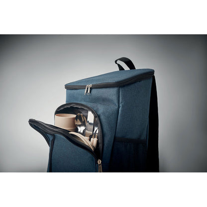 Bolsillo frontal de nevera mochila azul con platos, cubiertos y vasos para picnic 