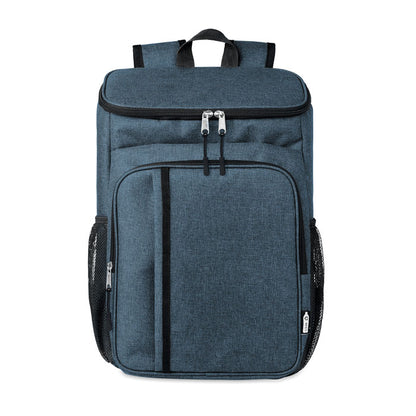 Vista frontal de nevera mochila azul jaspeada con cierre de doble cremallera y bolsillo grande frontal