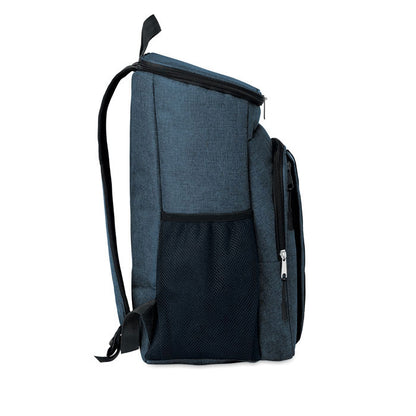 Vista lateral de nevera mochila grande azul jaspeada con bolsillo lateral