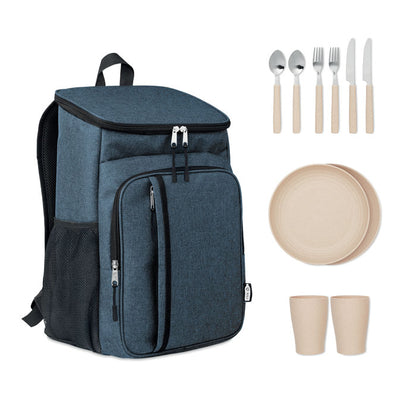 Mochila nevera zul jaspeada para picnic con accesorios de mesa para 2 personas: cuchillos, tenedores y cucharas de acero inoxidable, platos y vasos de paja de trigo.