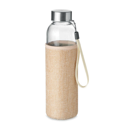 botella de cristal con funda de yute y neopreno, tapón de metal y asa de transporte