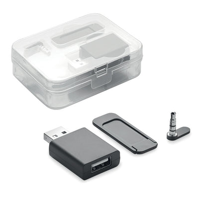 Set de bloqueador de datos, audio e imagen de ordenador color negro en cajita de plástico transparente