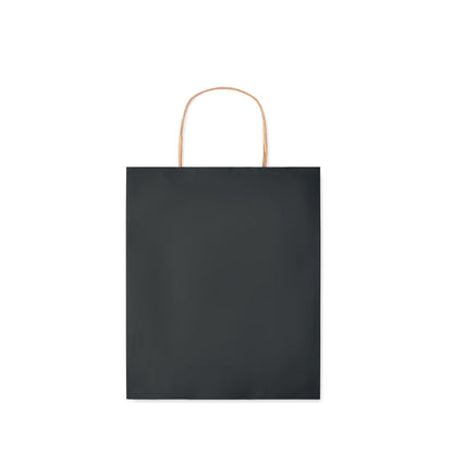 Vista frontal de bolsa negra de papel con asas retorcidas