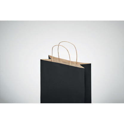 Bolsa de papel con fuelle con exterior de color negro e interior de color kraft y asas retorcidas