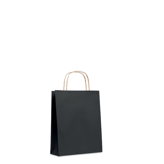 Bolsa de papel pequeña negra PAPER TONE S de 90 gr/m² con asas retorcidas, ideal para regalos y productos ecológicos personalizables.