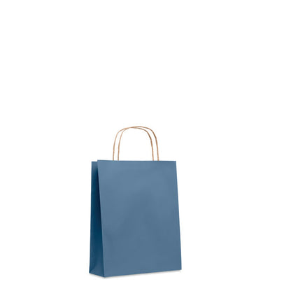 Bolsa rectangular azul de papel con asas retorcidas y fuelle