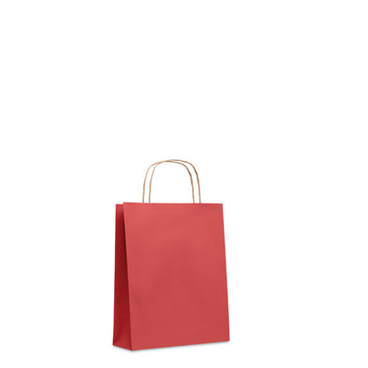 Bolsa rectangular roja de papel con asas retorcidas y fuelle