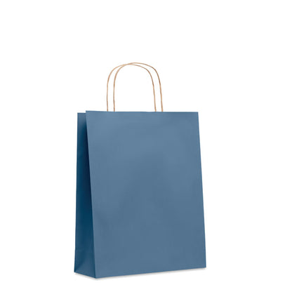 Bolsa de papel kraft azul con fuelle y asas retorcidas