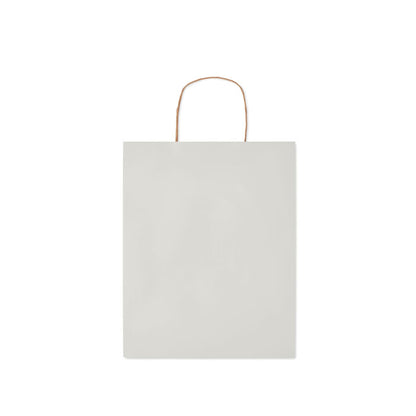 Vista frontal de bolsa de papel blanca con asas retorcidas