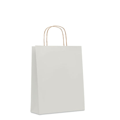 Bolsa mediana rectangular blanca de papel con asas retorcidas y fuelle