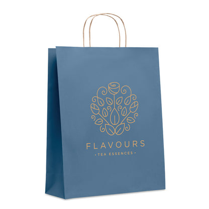 Bolsa de papel azul con fuelle personalizada con logotipo a una cara