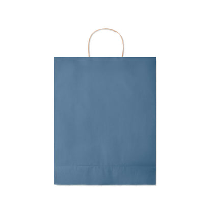 Vista trasera de bolsa de papel azul con fuelle plegado