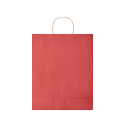 Vista trasera de bolsa de papel roja con fuelle plegado
