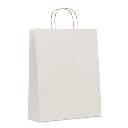 Bolsa blanca de papel con fuelle y asas retorcidas