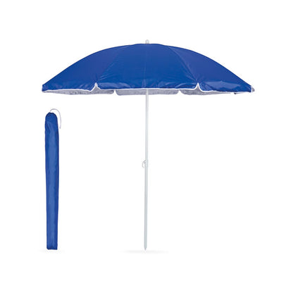 Sombrilla de playa azul con funda al lado