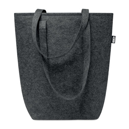 Vista frontal de bolsa de la compra de fieltro RPET negra con asas largas