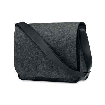 Bolsa RPET gris para ordenador 15'', con asa bandolera negra y cierre de velcro.