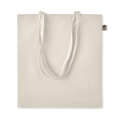 Bolsa de algodón orgánico con asas largas, color natural y con etiqueta con símbolo de tejido ecológico