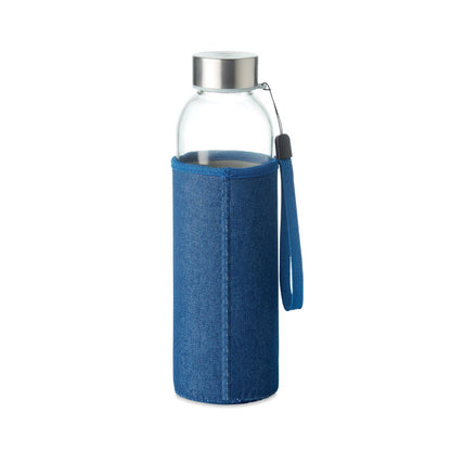 Botella de cristal con funda denim, tapón y asa