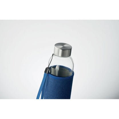 parte superior de Botella de cristal con funda denim, tapón y asa
