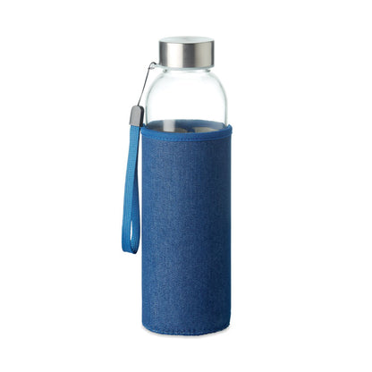 Botella de cristal con funda denim, tapón y asa