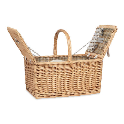 Cesta de picnic con cubiertos y utensilios organizados para 4 comensales.